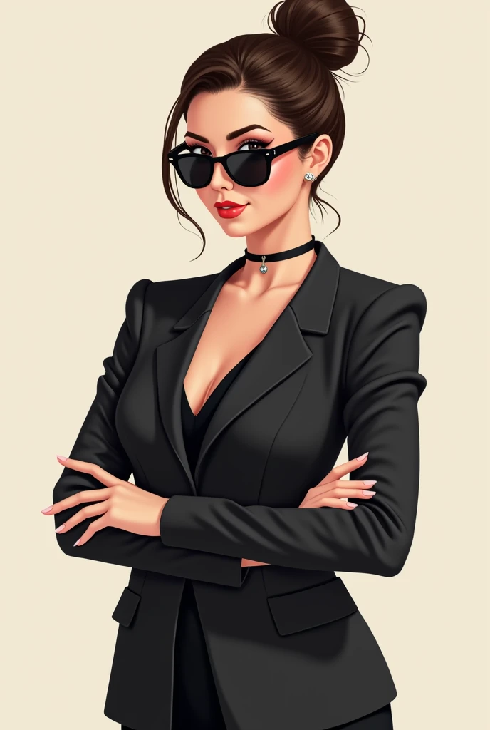 Medium cut beautiful 24 year old businesswoman , straight hair tied in a bun, wearing a black suit with his arm to the left with his hand open near his shoulder, sunglasses on his black eyes, Natural Lips, White skin color, natural body, 2d illustration effect