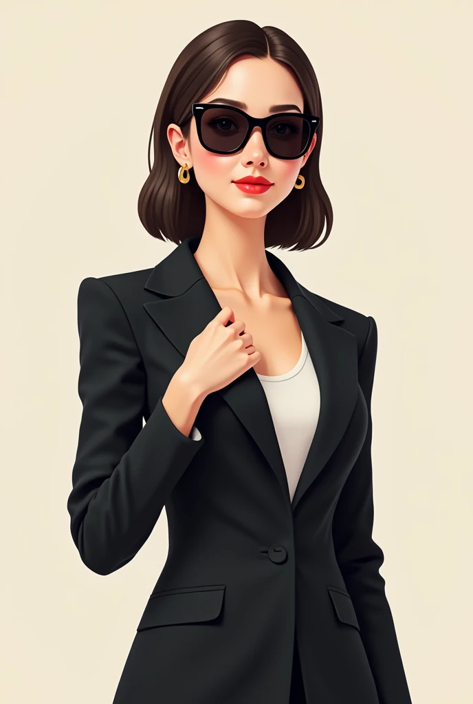 Medium cut beautiful 24 year old businesswoman , straight hair tied in a bun, wearing a black suit with his arm to the left with his hand open near his shoulder, sunglasses on his black eyes, Natural Lips, White skin color, natural body, 2d illustration effect