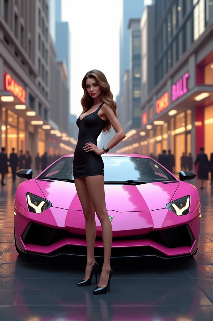 A Cindy girl with an elegant and high class appearance is standing next to a pink Lamborghini car. Background of the road in front of the mall in the center of the big city