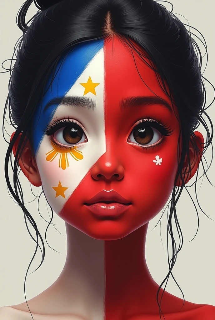Create me a very simple but meaningful face painting with human in it image that showcasing flag of philippines and the theme "salaysay ng bayan saysay ng bansa" and explain it