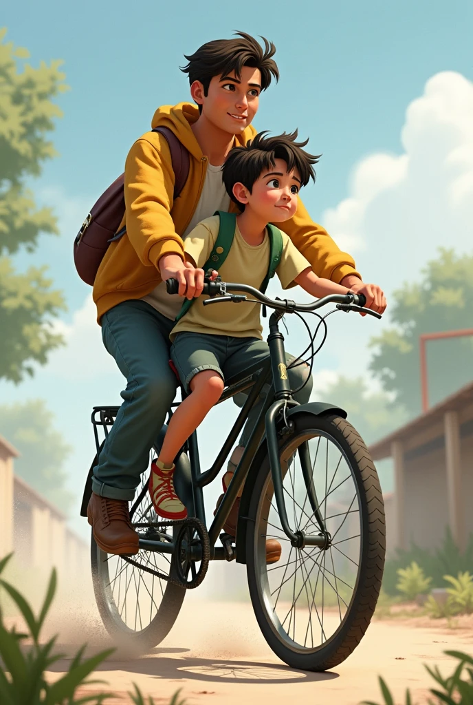 Elder and younger brother sitting on bicycle , younger brother sitting on cycle rod 