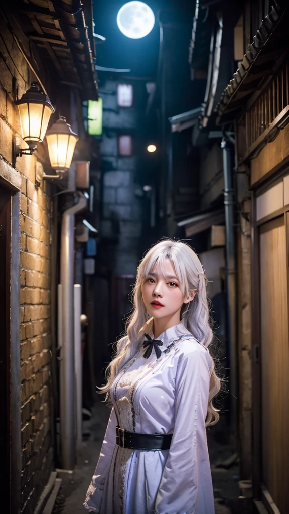 in kowloon city alley, a beautiful girl yodeling, subsurface scattering, Photorealistic, Hyperrealistic, analog style, realistic, film photography, soft lighting, photo, cinematography, high resolution, 8k, syndra, white hair, purple eyes, dark_sphere, night view, full moon