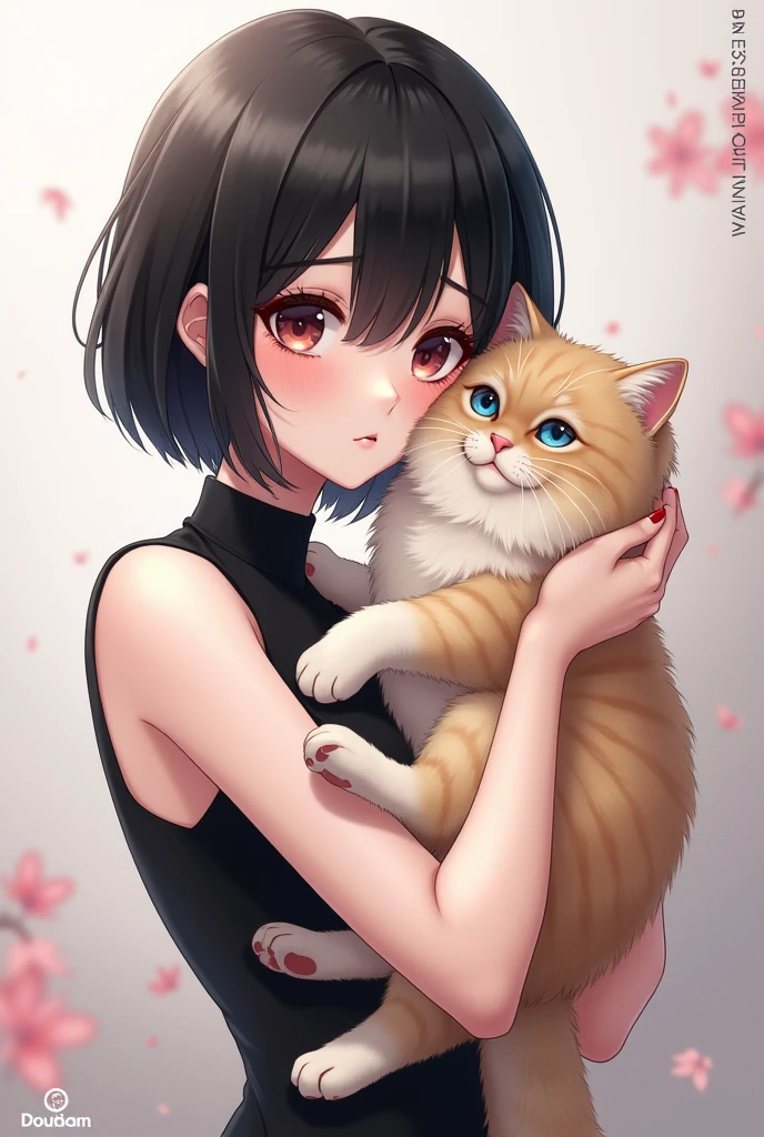 There is a woman holding a Persian cat,Wearing a black dress, Ni Duan's numbers, Douban, Digital art, Cute illustration, Soft anime illustration, catwoman, Cute Art Style, very beautiful cute catwoman, lovely artwork, Emo girl and her pussy, there is nothing, with black, illustration style, woman and cat, short hair, cute Digital art