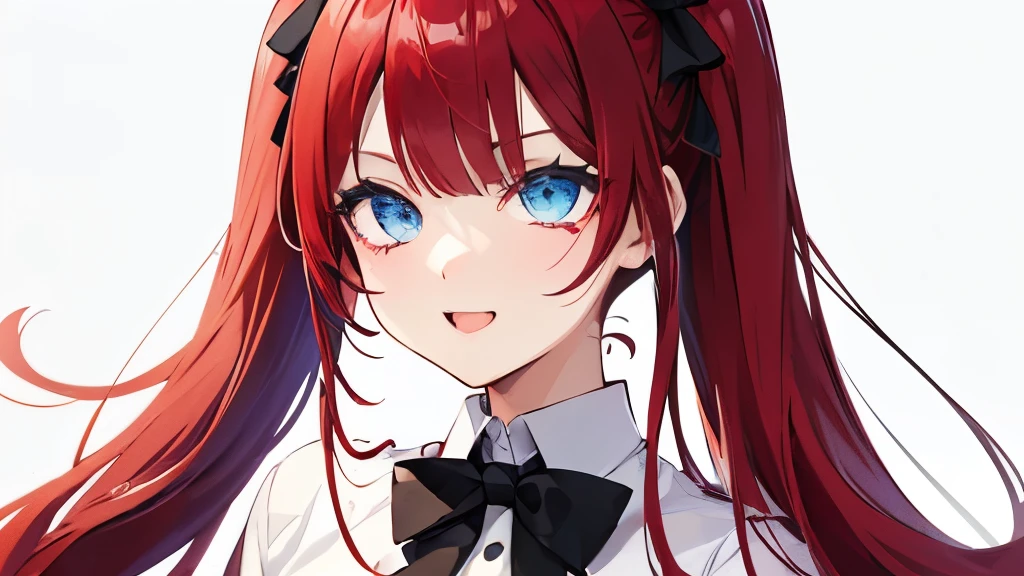 smile、youtube、Bright Red Hair、Blue Eyes、Twin tails、Hair between the eyebrows、Straight Hair、blunt bangs、White shirt、White shirt、Black bow tie、Big Breasts、super fine illustration,(((beautiful fine hair))),(((beautiful fine face))),(((beautiful fine background))),