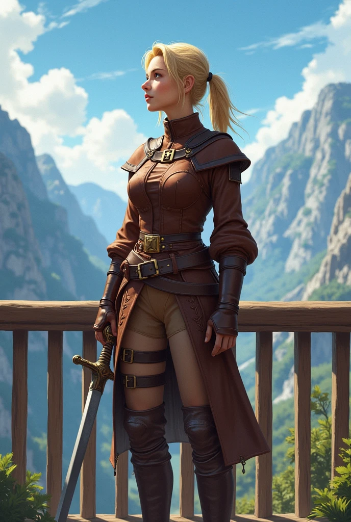 The image shows a young woman standing on a balcony overlooking a beautiful landscape. She is wearing a brown leather outfit with a high neckline and long sleeves. The outfit has a belt with a buckle and a pair of brown boots with straps. She has blonde hair styled in pigtails and is holding a sword in her right hand. The woman is looking off into the distance with a serious expression on her face. The balcony has a wooden railing and there is a view of the mountains in the background. The sky is blue with white clouds and the overall mood of the image is peaceful and serene.