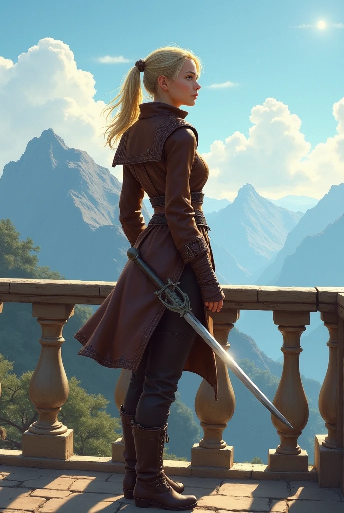 The image shows a young woman standing on a balcony overlooking a beautiful landscape. She is wearing a brown leather outfit with a high neckline and long sleeves. The outfit has a belt with a buckle and a pair of brown boots with straps. She has blonde hair styled in pigtails and is holding a sword in her right hand. The woman is looking off into the distance with a serious expression on her face. The balcony has a wooden railing and there is a view of the mountains in the background. The sky is blue with white clouds and the overall mood of the image is peaceful and serene.