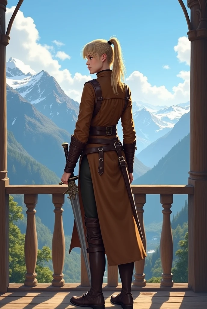 The image shows a young woman standing on a balcony overlooking a beautiful landscape. She is wearing a brown leather outfit with a high neckline and long sleeves. The outfit has a belt with a buckle and a pair of brown boots with straps. She has blonde hair styled in pigtails and is holding a sword in her right hand. The woman is looking off into the distance with a serious expression on her face. The balcony has a wooden railing and there is a view of the mountains in the background. The sky is blue with white clouds and the overall mood of the image is peaceful and serene.
