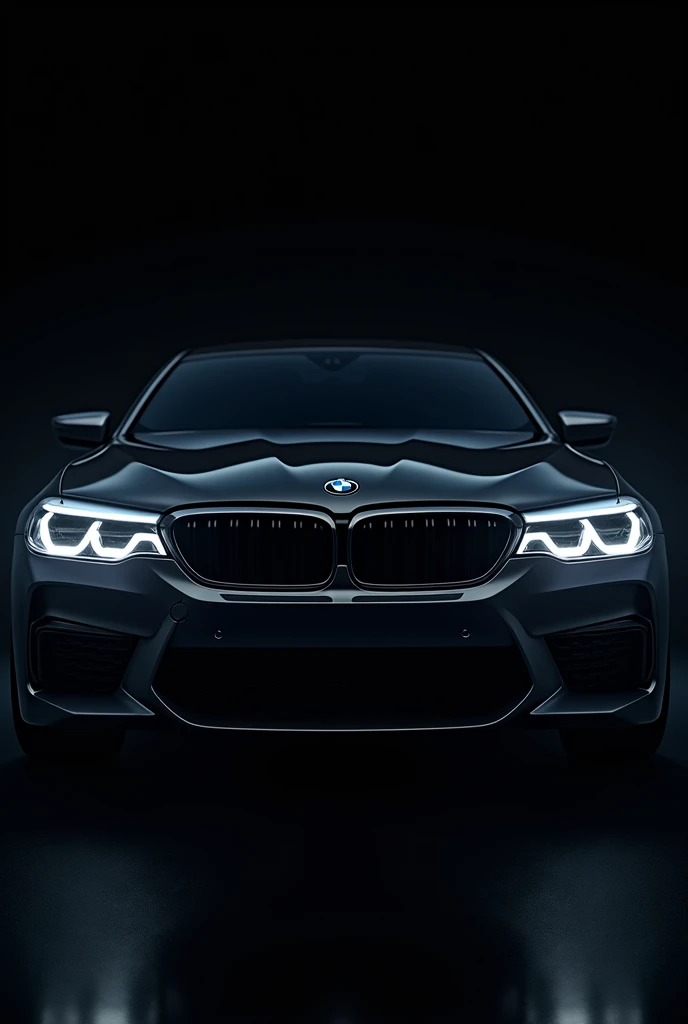 Front of Black Bmw m5 f90 on black background lights on,only lights visible