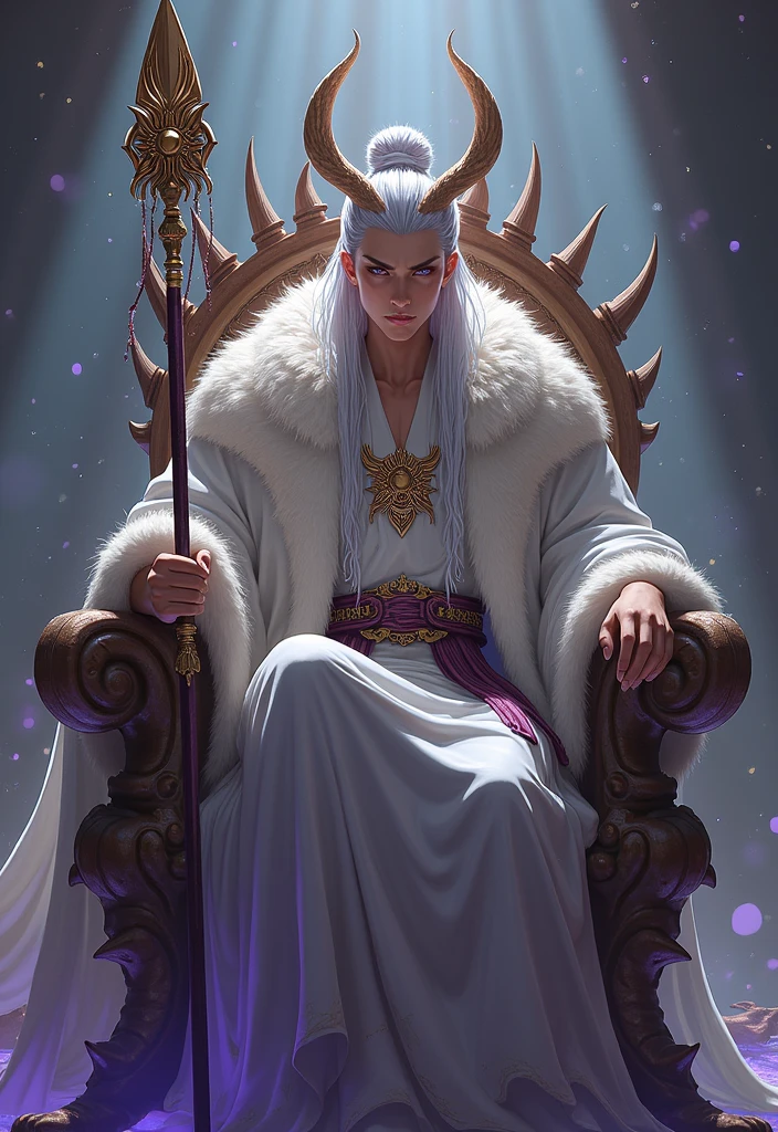 Handsome young man between 18 and ,long silver hair tied in a bun with amethyst eyes wearing a beautiful outfit made from white bear fur, tigers, a crown of horns above his head slightly resembling the sun, surrounded by beautiful concubines. Sitting on a throne with a spear over his shoulder that has a curved scythe below the tip