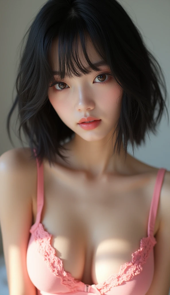 (masterpiece:1.3), (8k, Photorealistic, RAW Photos, Best image quality: 1.4), Japanese, (One Girl), Beautiful Face, (A vivid face), (Black-haired, short hair:1.3), Beautiful hairstyle, Realistic eyes, Beautiful Eyes, (Realistic Skin), Beautiful Skin, Charm, Ultra-high resolution, Surreal, High definition, Golden Ratio, Detail Makeup,Seeing the viewer,Mid-breasted,Pink Lingerie、Pink Bra、Pink Panties、Seamless Lingerie、Cabin attendant、nurse