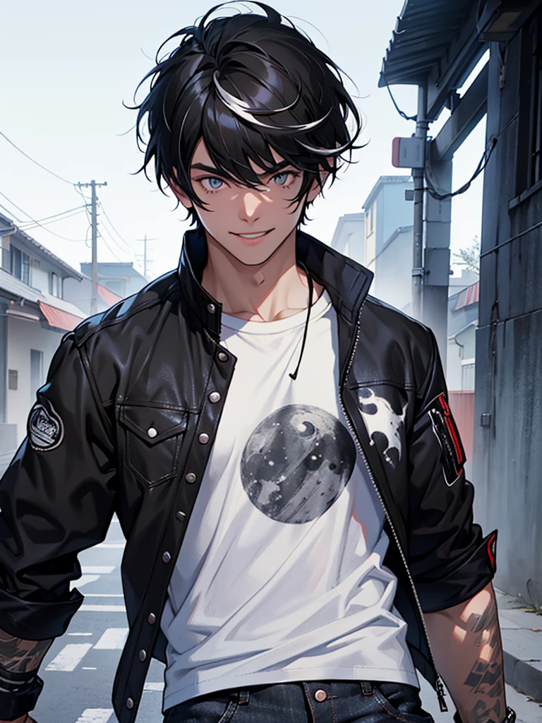 A young man, with slightly messy black hair, but in his bangs there is a white streak. His eyes are completely white, a beautiful smile. He wears a black t-shirt and a shirt that has a moon in the middle of the t-shirt, and a gray jacket, your pants are black ripped jeans