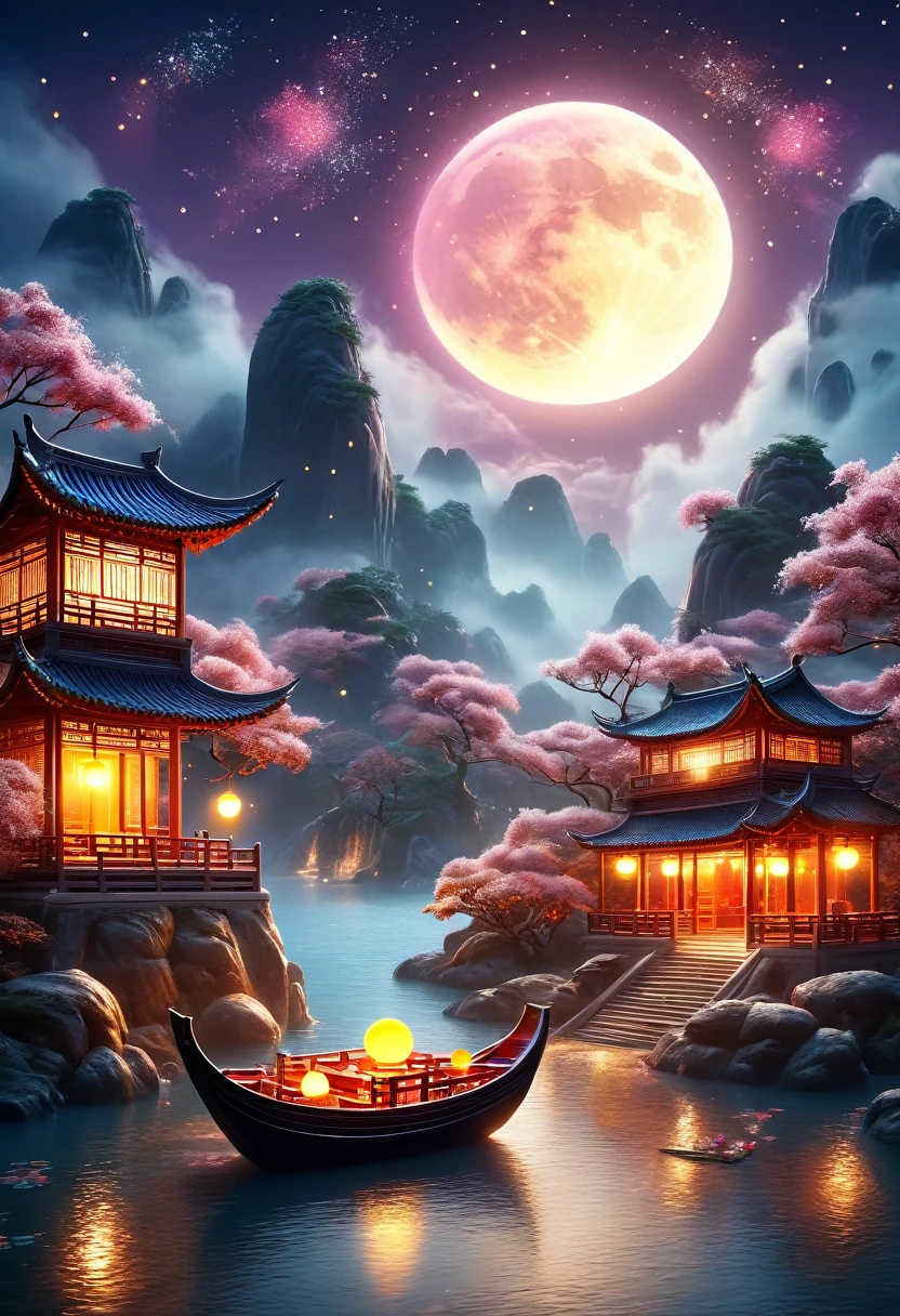 A captivating night scene in 3D art style, showcasing a tranquil Mid-Autumn Festival. The scene is filled with miniature mooncakes, tiny figures sawing and transporting mooncakes under an osmanthus tree. A half mooncake with molten filling sits on the desktop, with osmanthus petals scattered around. The moon hangs in the sky, illuminating colorful mountains, winding rivers, small boats, and little houses in a Chinese landscape painting style. A small pavilion sits on a mountain, with natural light from the silver moon gently illuminating the surroundings. The sky unfolds like velvet soaked in ink, dotted with countless twinkling stars resembling celestial gems. The environment is bathed in the soft glow of the stars and the moon, creating a dreamy, surreal atmosphere. The art is rendered with vibrant colors, high contrast, and a dopamine color scheme, evoking a Y2K style with a three-dimensional ancient Eastern poetic painting theme.