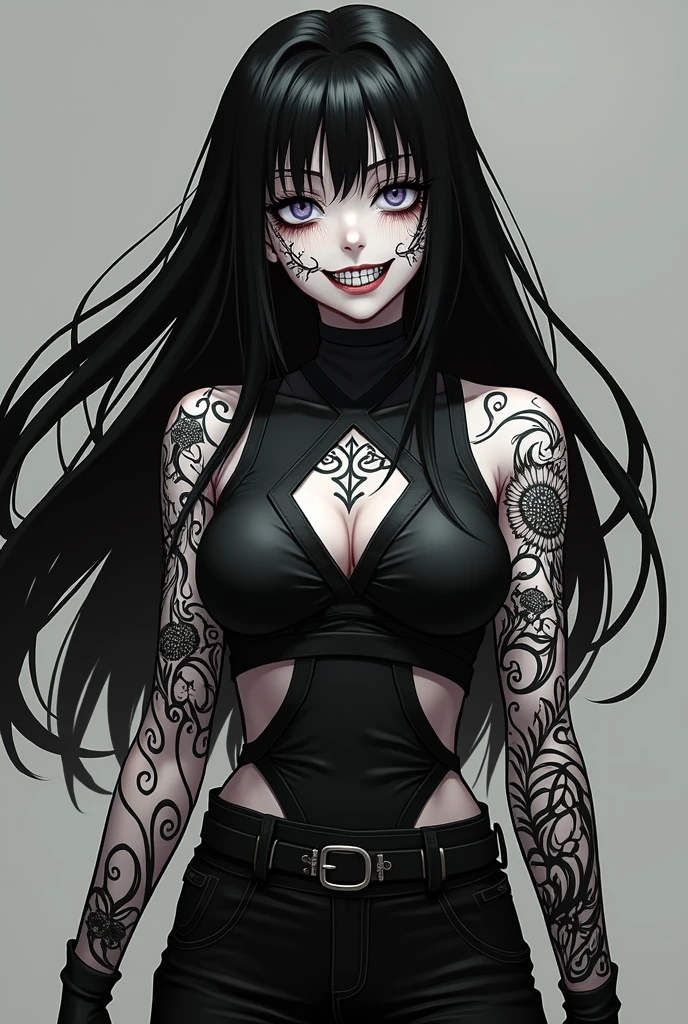 A young black-haired woman with long hair untied, with tattoos in the form of lines around various body areas, mainly limbs and face like Ryomen Sukuna from Jujutsu Kaisen, wearing a combat outfit consisting of a black and white set while smiling evilly.