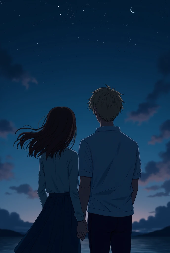 Create a 23 year old girl with long brown hair with a 25 year old boy with slightly long brown blonde hair, In the background the night with stars and the two of them with their backs turned, neither of them showing their faces
