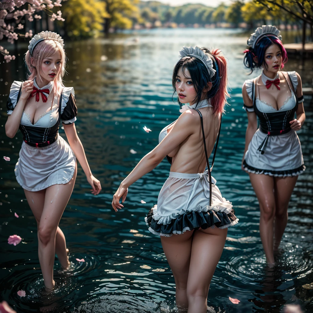 (Extremely Detailed((Sexy Maid Group in a row:1.37))), KAWAII perfect face, Reflective Eyes, Detailed(Delicate Clothing textures), Correct Attractive Leg Line, Dynamic Joyful Expressions LifeLike Rendering, Specular Reflection, TopQuality 8K Ultra-detailed masterpiece (ProfessionalPhoto:1.37), (Acutance:0.8), (Luminism:1.28), Sparkling water surface with Reflection and Refraction (((Bathing in the Lake) Petals Dance) Colorful Horizon), Starry Light particles, ((Full body from side)), {Kissing|Thigh Gap|Cute Peach AssFocus|(NakedApron with Overflowing SideBoob)}, Radiant Fine Skin with Transparency, (Exposed:0.4) {Pure White Hair|Pink Hair|LightBlue Hair|Blonde|Liquid Hair|(Red Tie)}, Perfect Lighting