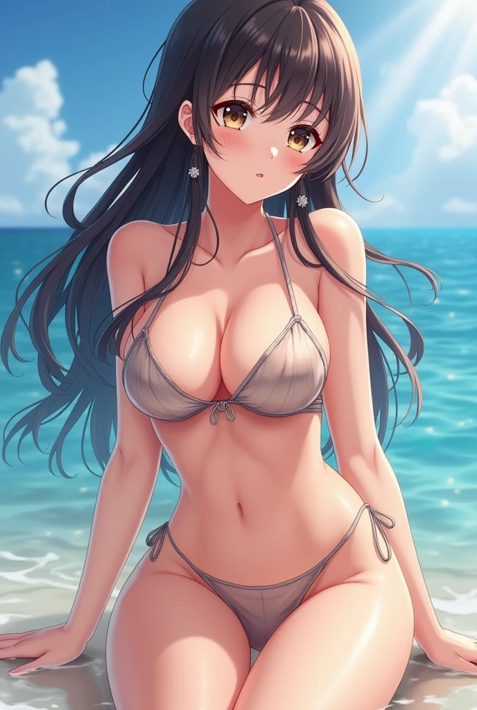  anime with beautiful details with legs open with a transparent bikini naked and hot with big breasts and a big ass with a transparent bikini 
