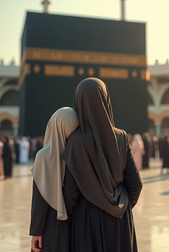 A girl standing in front of khana kabah with her mother  putting her head on mother shoulder with back pose with head covered