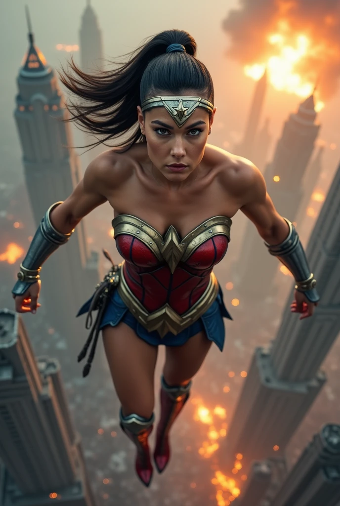 A beautiful woman with a ponytail on her completely shaved head wearing the costume of the Amazon warrior Wonder Woman (((Red and blue leather jumpsuit)))Silver colored diaema with a star on her forehead silver colored bracelets red leather boots long to her knees flying over an apocalyptic city skyscrapers on fire
