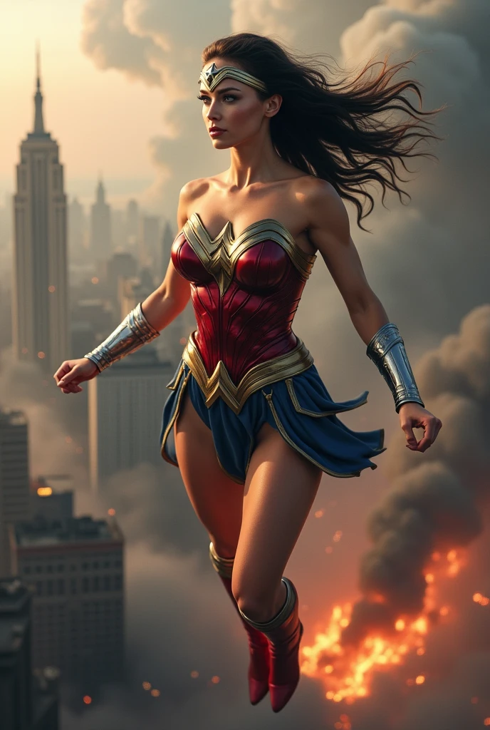 A beautiful woman with a ponytail on her completely shaved head wearing the costume of the Amazon warrior Wonder Woman (((Red and blue leather jumpsuit)))Silver colored diaema with a star on her forehead silver colored bracelets red leather boots long to her knees flying over an apocalyptic city skyscrapers on fire