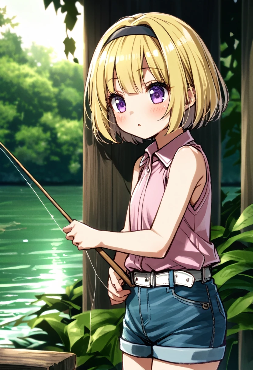 ((fishing)), fishing竿, 川の流れの中でfishingをする人, Lush forest background, fishingのリズムに集中する表情, (Satoko Hojo), 1 female, alone, Yellow Hair, blonde, Purple eyes, short hair, hair band, Flat Chest, Collared shirt,Sleeveless shirt,Pink Shirt, White Belt, Denim shorts