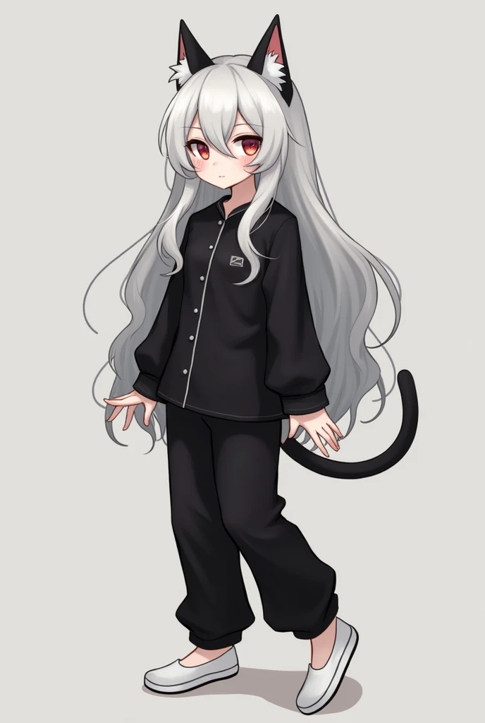 white wavy hair, long black pajamas, cat ears, black shirt, white shoes