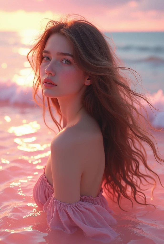 sea background, with pink would be with long wavy hair and light brown