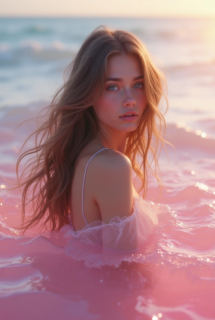 sea background, with pink would be with long wavy hair and light brown