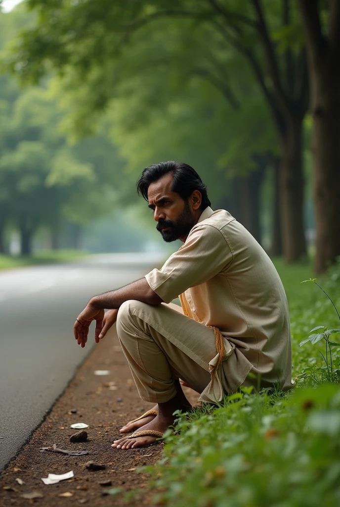 a youtube thumbnail size image of An Indian man wearing kurta pajama having bad luck is sitting roadside in a park feeling ancious