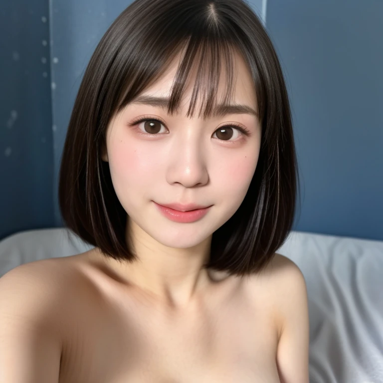 NSFW, (kawaii 24 year-old Japanese girl, Nogizaka idol, Korean idol), healthy female athlete body, (glossy black hair, short hair, pixie cut, bangs:1.3), (rounded face, beautiful black eyes, single eyelid, no makeup, empty eyes, looking at something out of frame, half opened mouth, sex silly:1.5), (nude, visible bare breasts:1.3), extra small breasts, BREAK, (bedroom background, sitting on the bed:1.2), (dynamic angle, upper body shot:1.2), BREAK, (masterpiece, best quality, photo realistic, official art:1.4), (UHD, 8K quality wallpaper, high resolution, raw photo, golden ratio:1.3), (shiny skin:1.2), professional lighting, physically based rendering, award winning, (highly detailed skin, extremely detailed face and eyes), Carl Zeiss 85 mm F/1.4, depth of field, 1girl, solo,