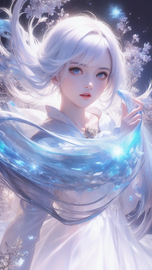 ((masterpiece)), (((best quality))), ((ultra-detailed)), ((illustration)),[realism light effect],shadow,(Fantasy style),(white background:1.6), simple background, (earth theme),(a cloak)[(hair focus,((1girl)),[(big slime hair): (cloud hair):0.3], (hair on background),(high saturation),(hair surrounded by galaxy splashes),)):((her hair is becoming galaxy clouds,:1.27628), (hair and clothes is galaxy clouds and cluster of stars:1.1025),(a cloak is becoming galaxy clouds)