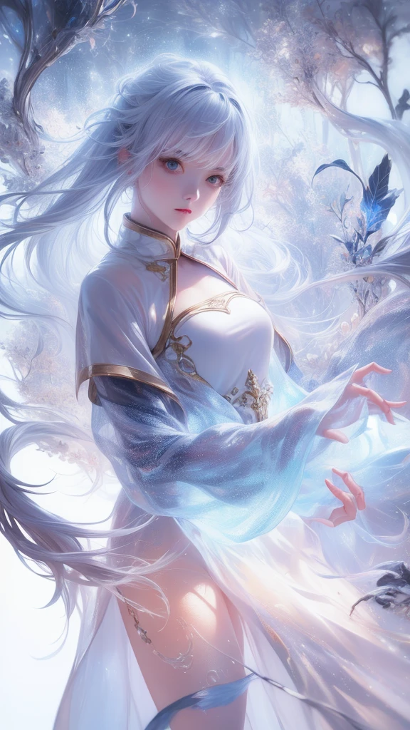 ((masterpiece)), (((best quality))), ((ultra-detailed)), ((illustration)),[realism light effect],shadow,(Fantasy style),(white background:1.6), simple background, (earth theme),(a cloak)[(hair focus,((1girl)),[(big slime hair): (cloud hair):0.3], (hair on background),(high saturation),(hair surrounded by galaxy splashes),)):((her hair is becoming galaxy clouds,:1.27628), (hair and clothes is galaxy clouds and cluster of stars:1.1025),(a cloak is becoming galaxy clouds)