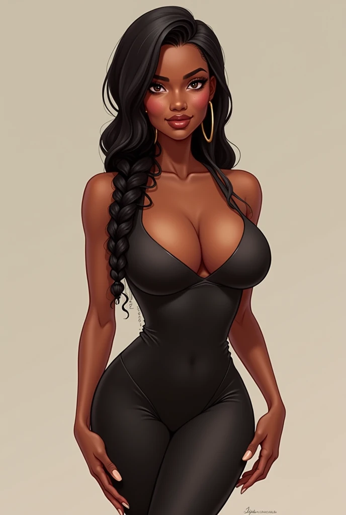 a realistic cartoon character, black woman, slim, with big breasts, with neckline, with long straight braided hair