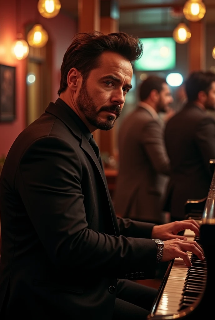 A photo of Tony Stark enjoying a night out at his favorite jazz club, playing the piano.,Marvel Cinematic Universe,Stark is typically depicted as handsome and stylish, with neatly groomed facial hair, a sophisticated sense of fashion, and a well-built physique reflective of his status and personality. His appearance is frequently complemented by the latest technology, from his Arc Reactor ????? piece to his cutting-edge Iron Man suits, symbolizing his innovative prowess and the armor he uses in more ways than one.