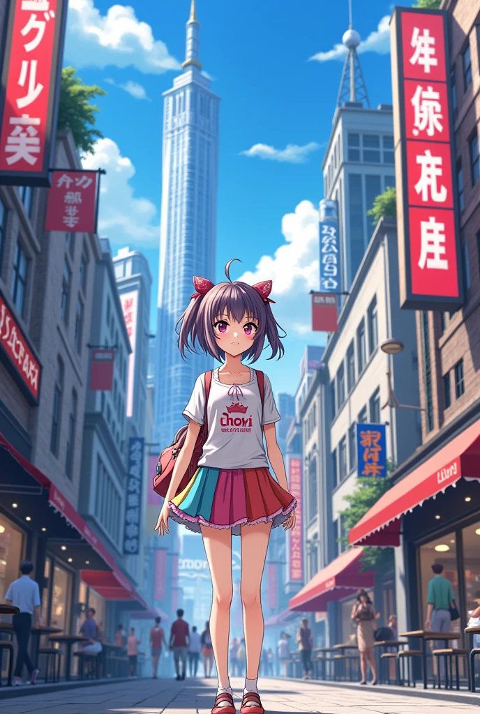 Anime girl in a city with a street background 