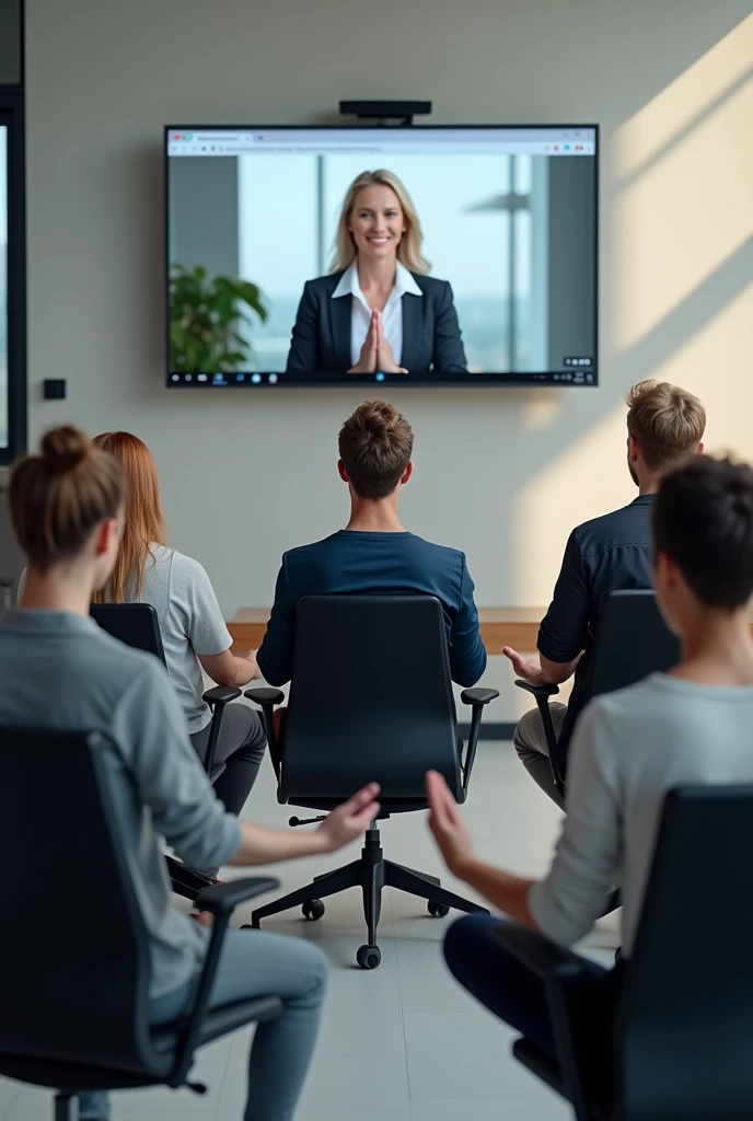 Corporate group yoga session sitting on their office chair doing anulom vilom while using masika mudra with teacher taking online session using Google meet 