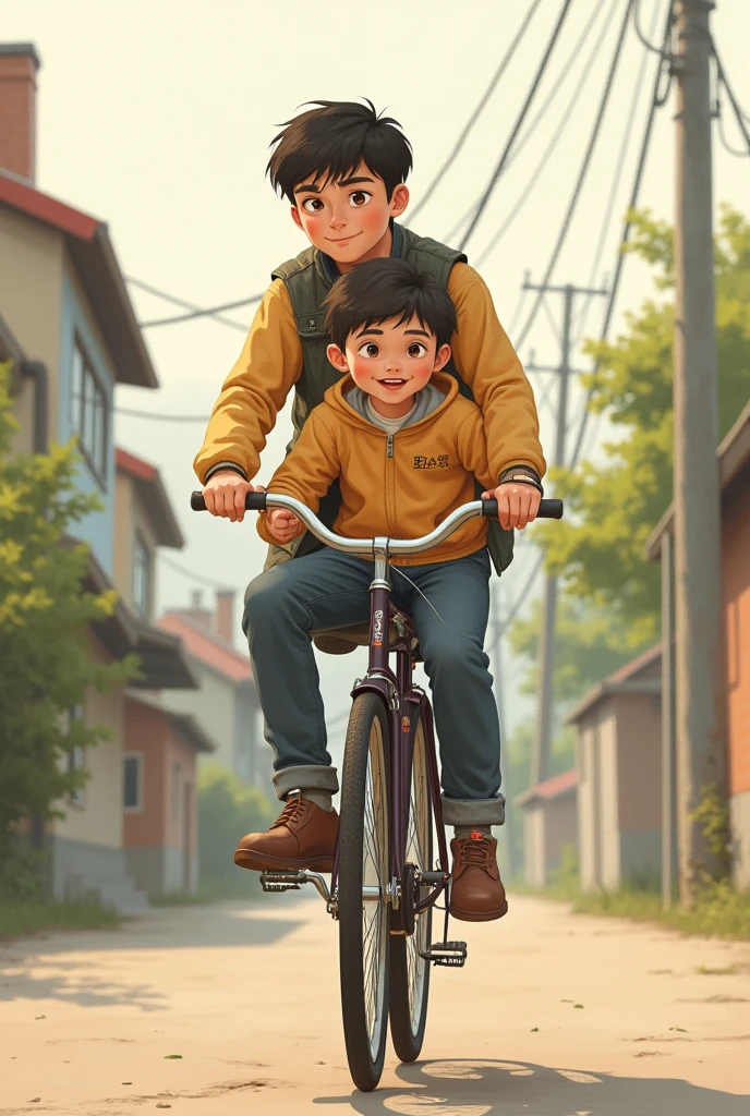 Elder and younger brother sitting on bicycle , younger brother sitting on cycle rod , clothes of them should be like middle class family