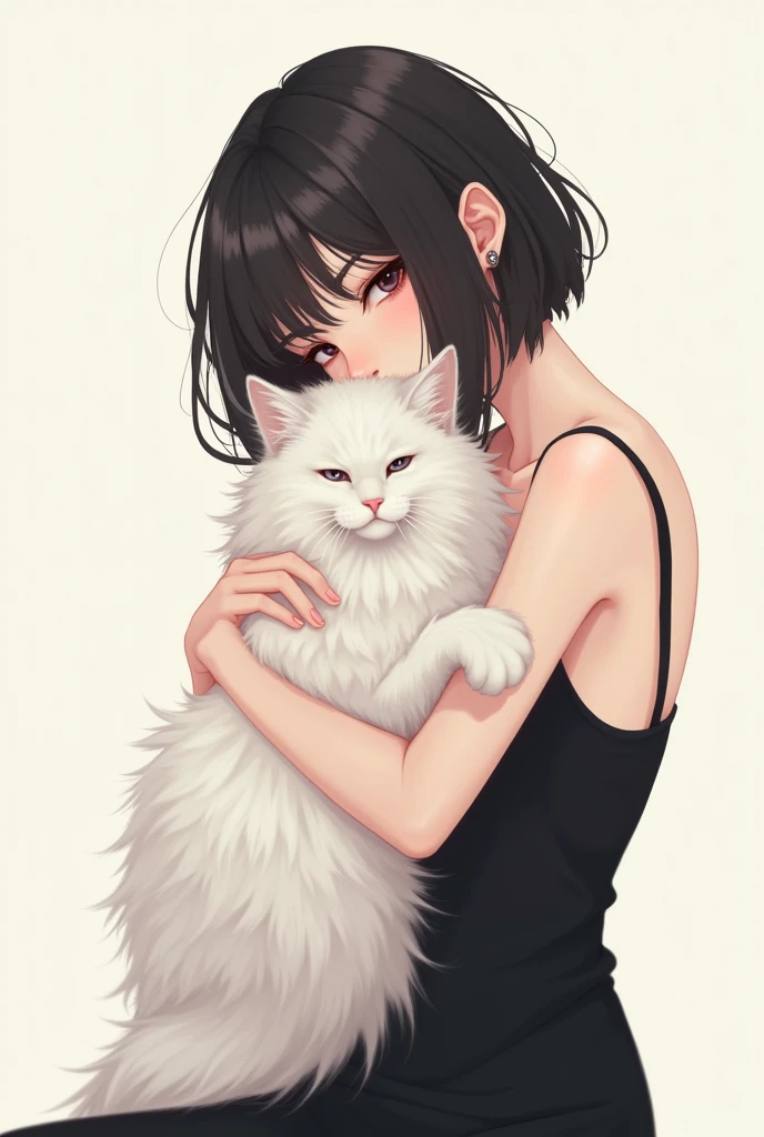 There is a woman holding a long-haired white cat,Wearing a black dress, Ni Duan's numbers, Douban, Digital art, Cute illustration, Soft anime illustration, catwoman, Cute Art Style, very beautiful cute catwoman, lovely artwork, Emo girl and her pussy, there is nothing, with black, illustration style, woman and cat, short hair, cute Digital art