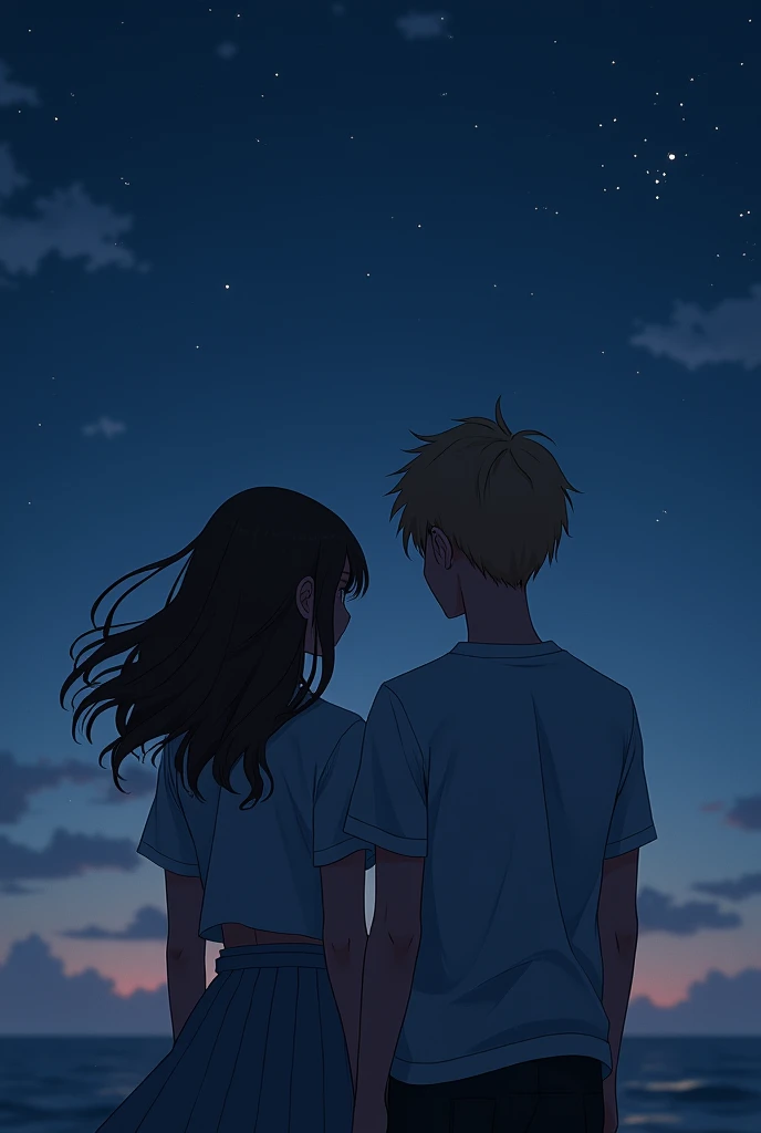 Create a 23 year old girl with long brown hair with a 25 year old boy with slightly long brown blonde hair, In the background the night with stars and the two of them with their backs turned, neither of them showing their faces