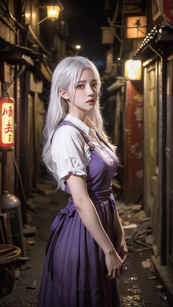 in kowloon city alley, a beautiful girl yodeling, subsurface scattering, Photorealistic, Hyperrealistic, analog style, realistic, film photography, soft lighting, photo, cinematography, high resolution, 8k, syndra, white hair, purple eyes, dark_sphere, night view, full moon