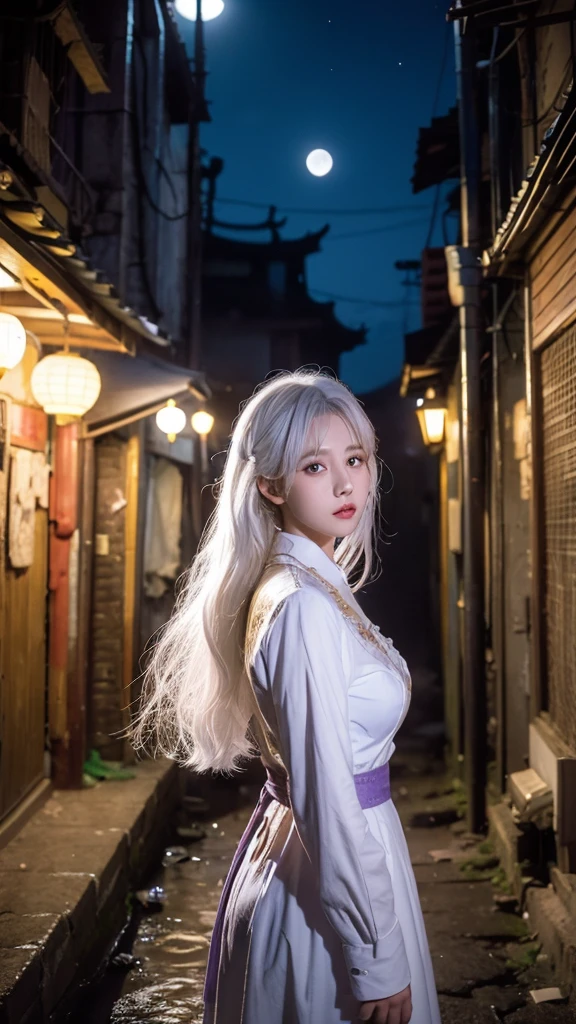 in kowloon city alley, a beautiful girl yodeling, subsurface scattering, Photorealistic, Hyperrealistic, analog style, realistic, film photography, soft lighting, photo, cinematography, high resolution, 8k, syndra, white hair, purple eyes, dark_sphere, night view, full moon