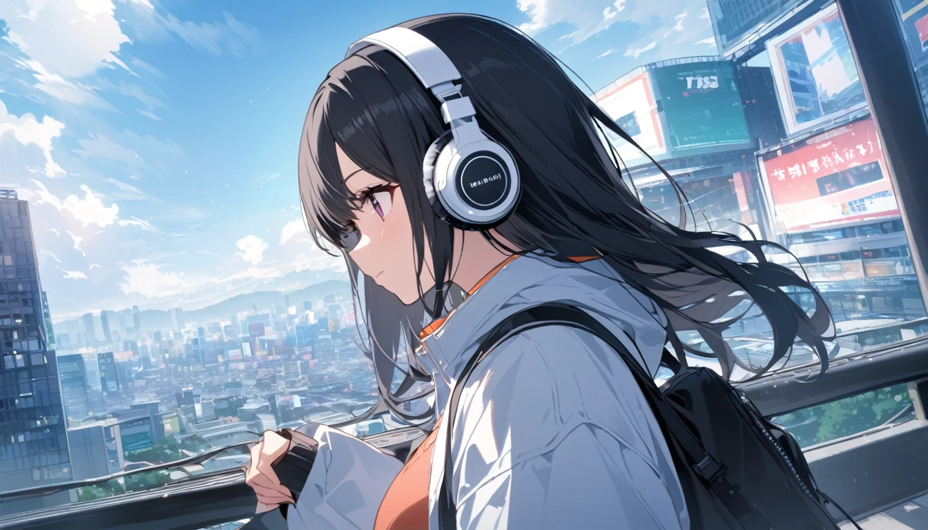 Black haired woman with headphones looking at the city of Tokyo,Streetscape、listen to music、Japanese