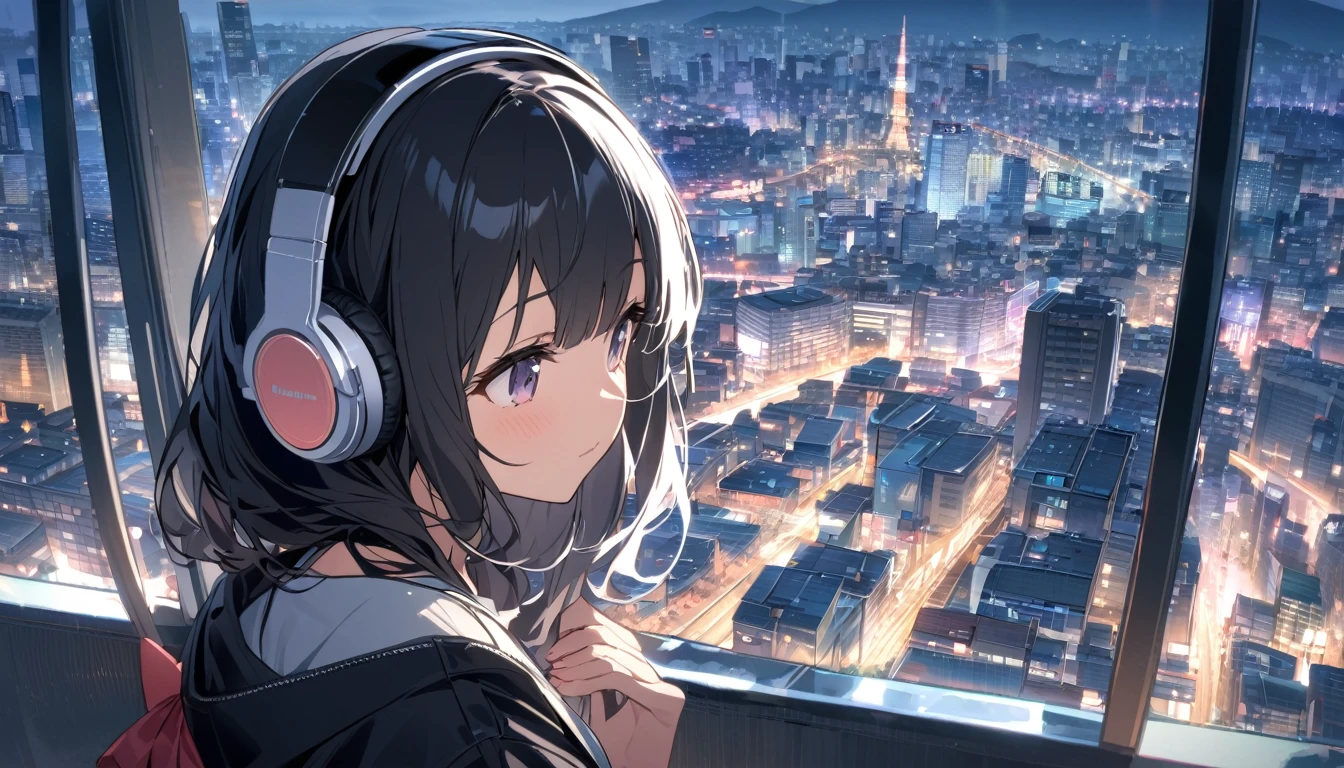 Black haired woman with headphones looking at the city of Tokyo,Streetscape、listen to music、Japanese