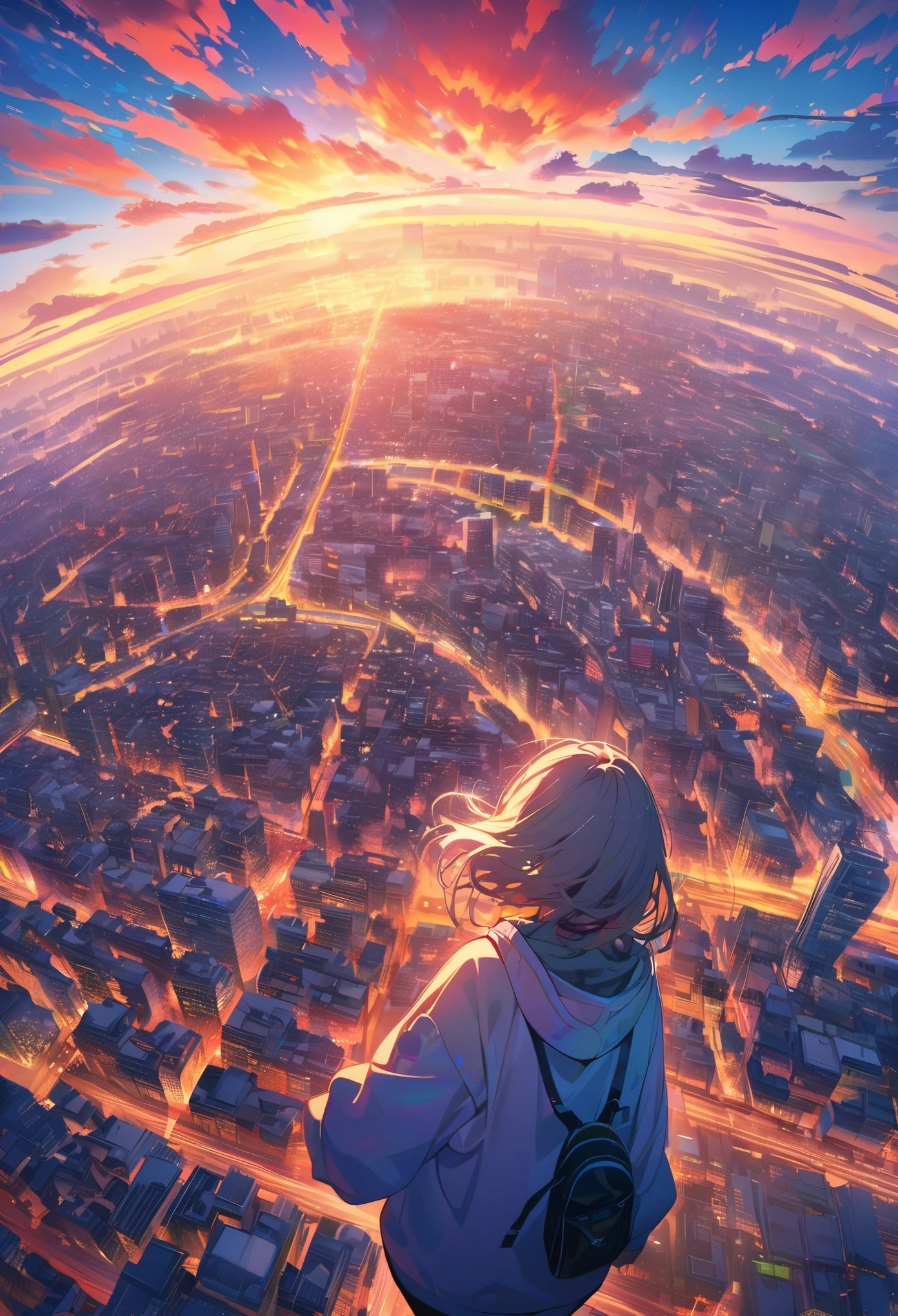 angelic, detailed woman who is walking, woman wearing hoodie, highest billding in city, road, sunrise, horizon, skyline, in the sky, city of clouds, colorful, high-res, 8K