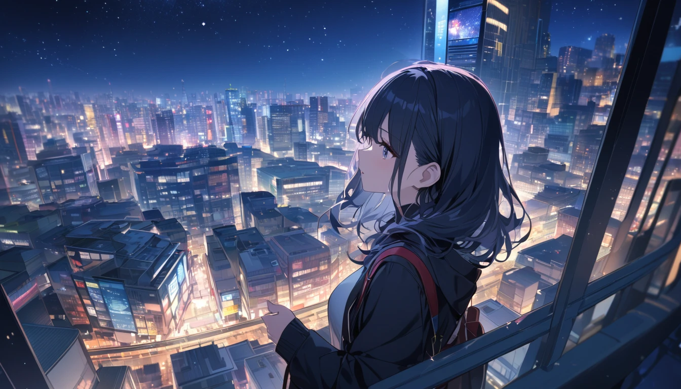 A woman looking at the city of Tokyo,Night starry sky,Streetscape、listen to music、Japanese
