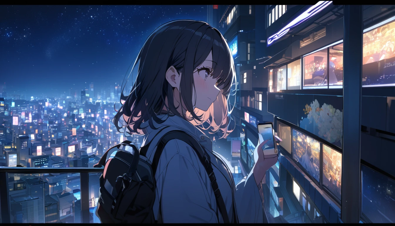 A woman looking at the city of Tokyo,Night starry sky,Streetscape、listen to music、Japanese