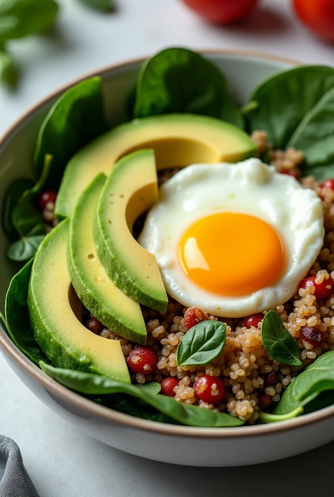 Spinach Bowl, Quinoa and Egg 1 cup fresh spinach 1/2 cups cooked quinoa 1 poached or hard-boiled egg 1/2 avocados sliced