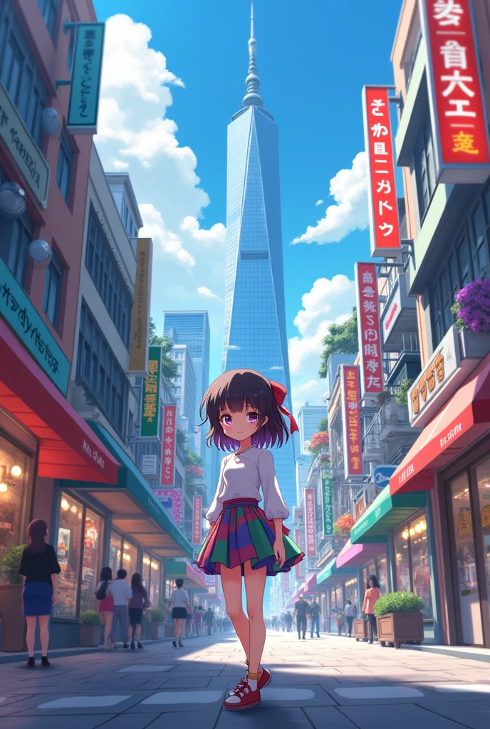 Anime girl in a city with a street background 