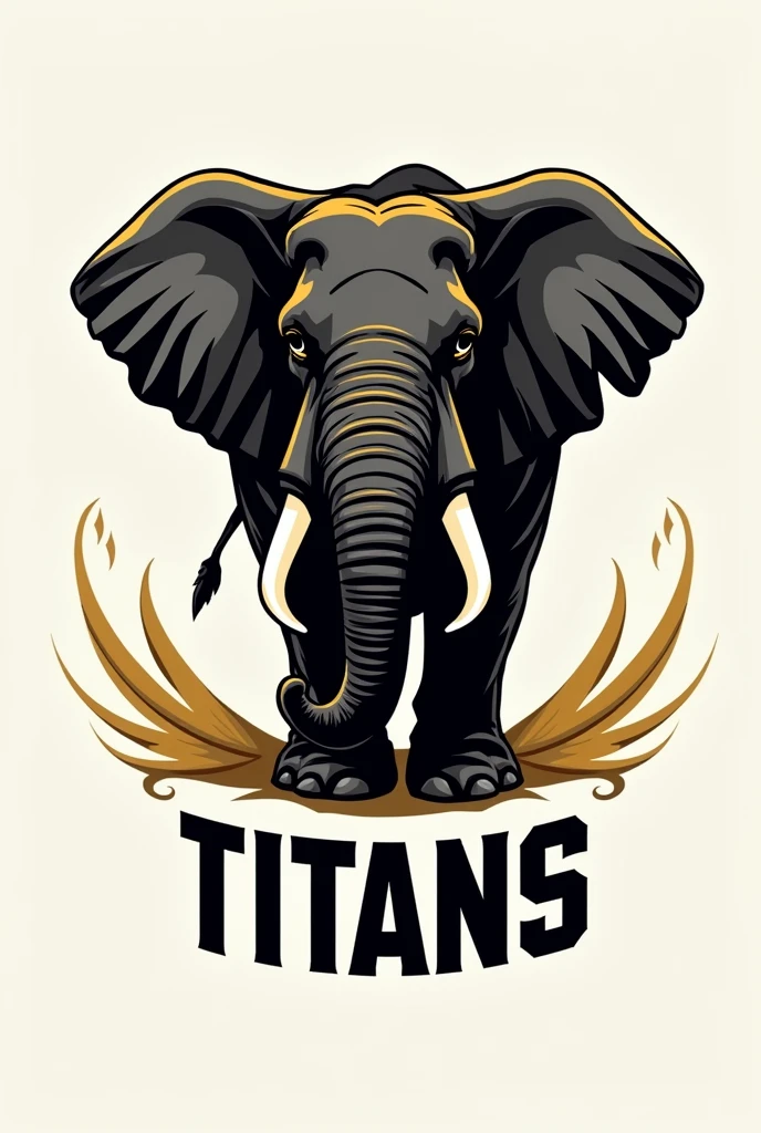 Create a photo of the logos for a sports team named ivory titans with a black gold and white color scheme with ivory titans written below it with an elephant in it