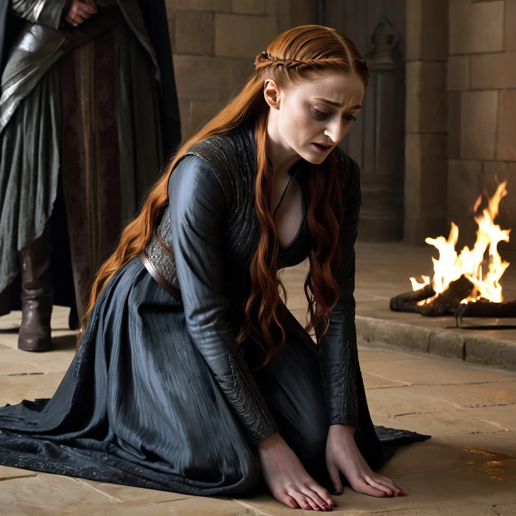 Undead Sansa Stark on her knees, forced oral sex, (oral rape:1.3), Sexual violence, hand on her head, holds her by the hair, (traces of beatings on her body:1.2), torn clothes, Sexual slavery, hellish torment, demon pissing on her face