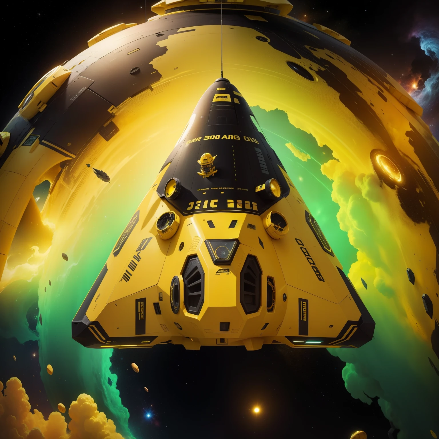 black and yellow colour, space ship with two engines, 1080, highly detailed, elastic clours